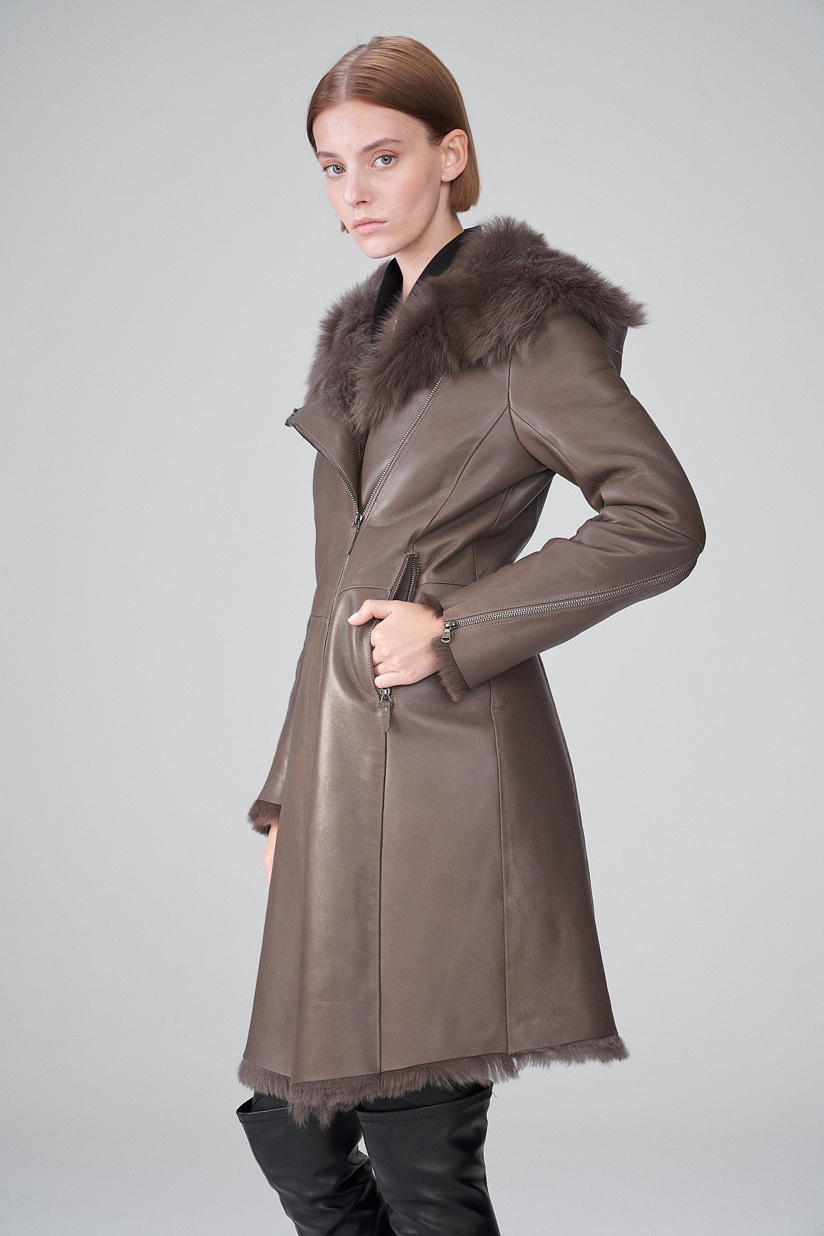 Women's Shearling Leather Trench Coat In Dark Brown Arcane Fox