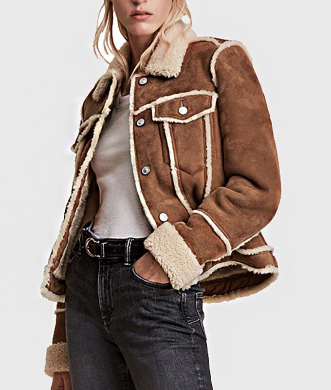 Women's Shearling Trucker Leather Suede Jacket In Brown