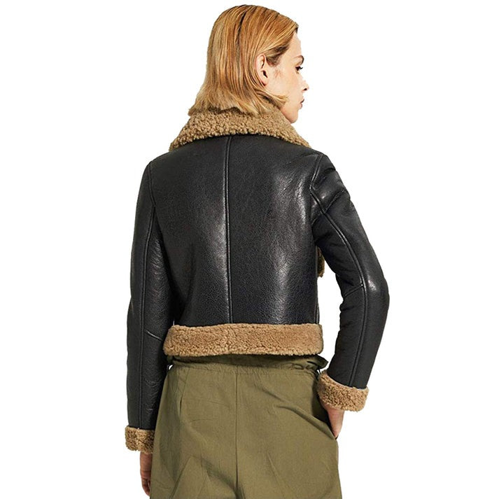 Arcane Fox - Women's Sheepskin Cropped Aviator Leather Jacket In Black