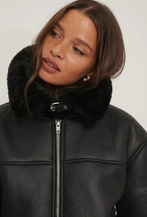Women's Sheepskin Fur Bomber Leather Jacket In Black