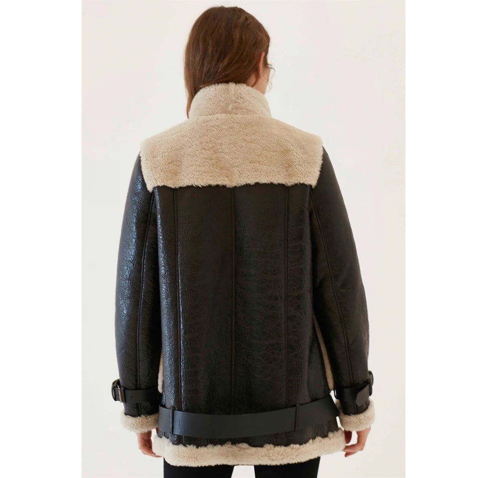 Women's Sheepskin Fur  Leather Coat In Dark Brown