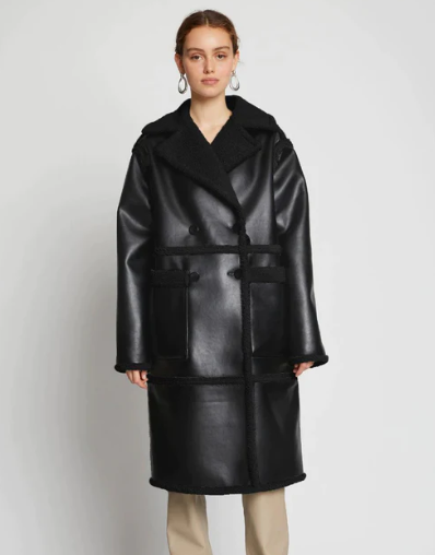 Women's Sheepskin Fur Leather Trench Coat in Black