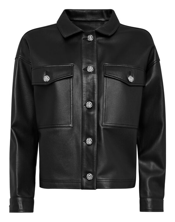 Women's Short Trucker Leather Shirt In Black