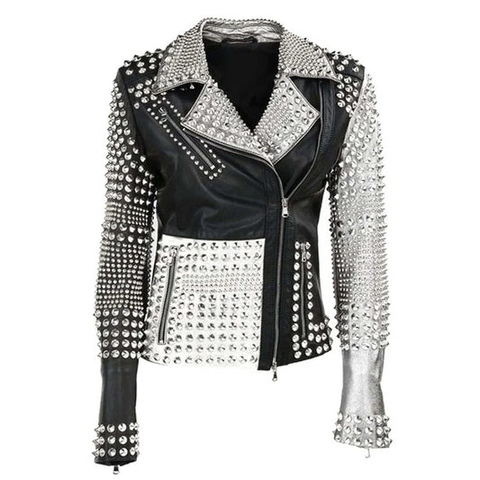 Women's Studded Biker Leather Jacket With Black & White