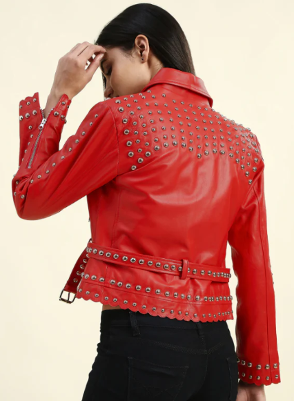 Women's Studded Leather Biker Jacket In Red