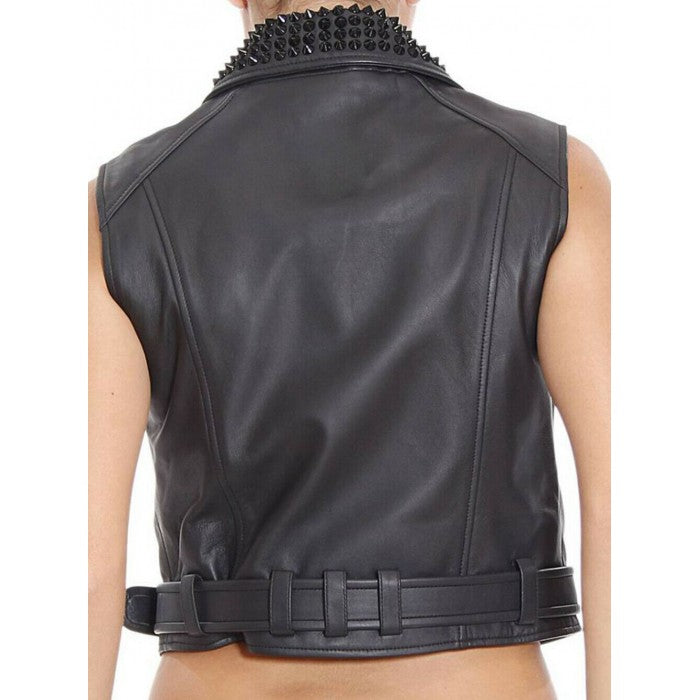 Women's Studded Leather Vest In Black With Belted Waist