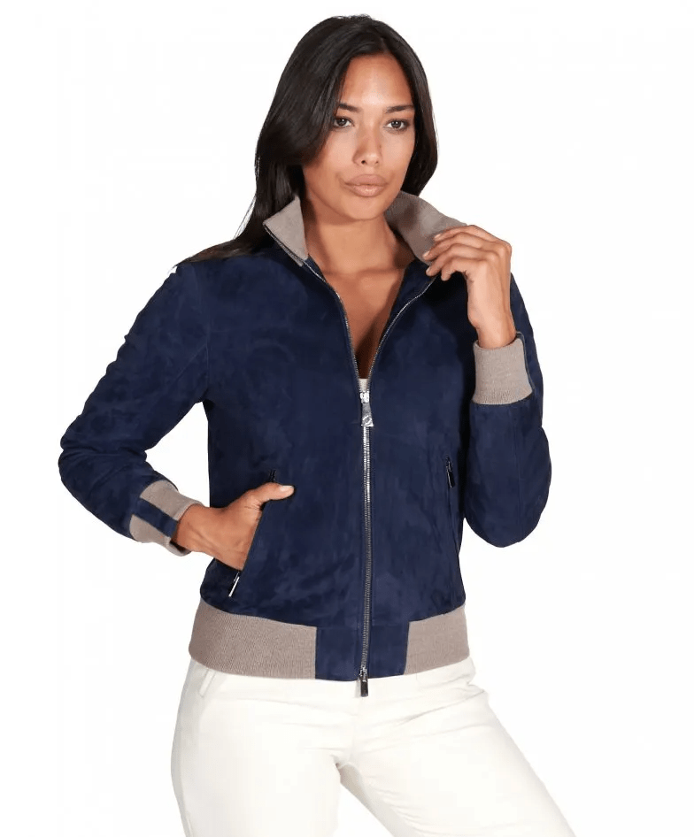 Women's Suede Bomber Leather Jacket In Royal Blue