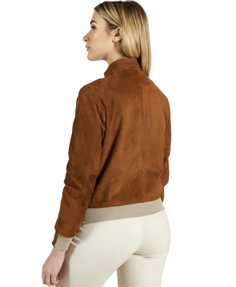 Women's Suede Bomber Leather Jacket In Dark Brown
