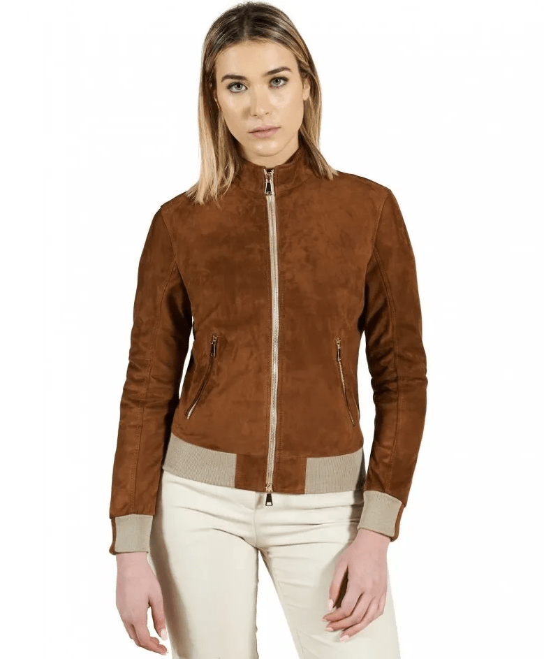 Women's Suede Bomber Leather Jacket In Dark Brown