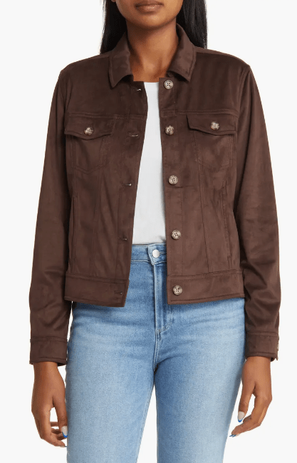 Women's Suede Leather Trucker Jacket In Coffee Brown