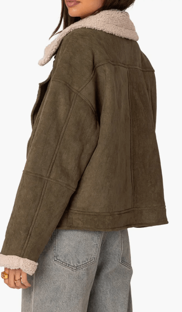 Women's Suede Shearling Leather Jacket In Khaki