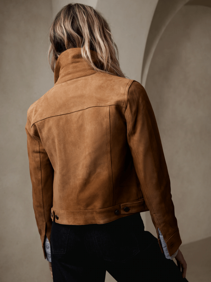 Women's Suede Trucker Leather Jacket In Brown
