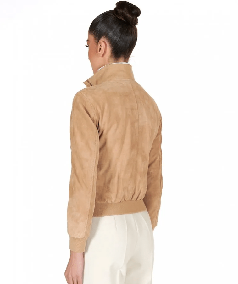 Women's Suede Trucker Leather Bomber Jacket In Tan Brown
