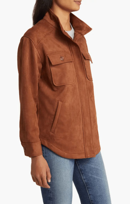 Women's Suede Trucker Leather Shirt In Brown