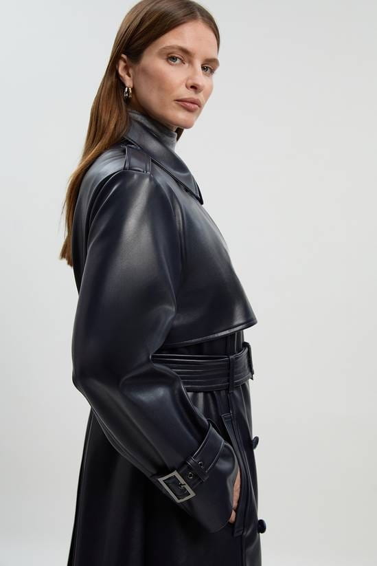 Women's Trench Black Leather Coat With Belted Waist - Arcane Fox