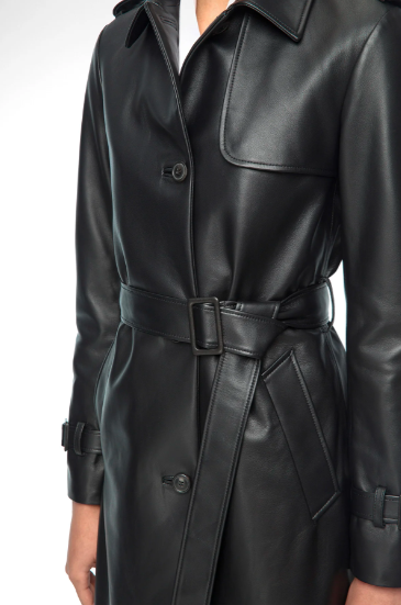 Women's Trench Leather Coat In Black With Belted Waist