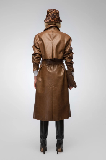 Women's Trench Leather Coat In Dark Brown With Belted Waist