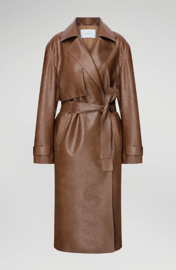 Women's Trench Leather Coat In Dark Brown With Belted Waist