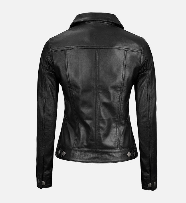 Women's Trucker Black Lambskin Leather Jacket - Arcane Fox
