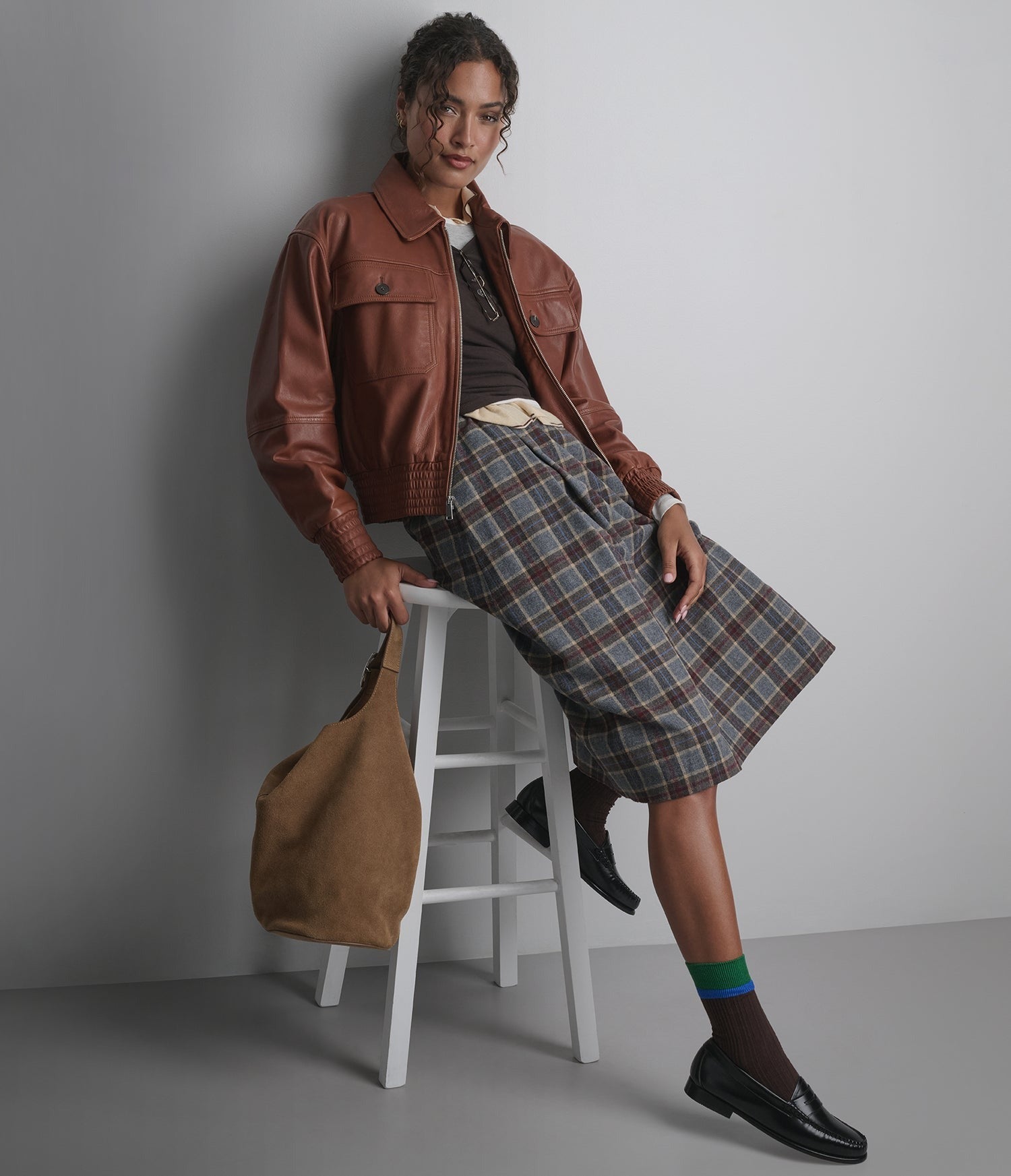 Women's Trucker Bomber Leather Jacket In Brown - Arcane Fox