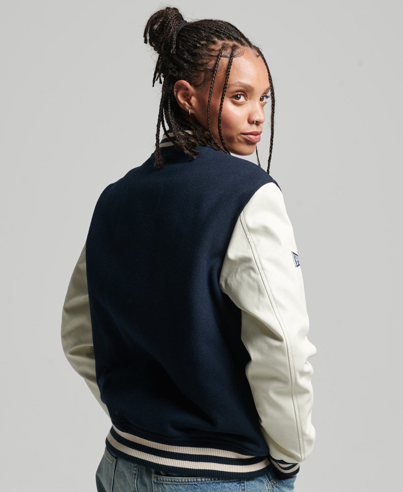 Women's Varsity Bomber Leather Jacket In Black & White Sleeves