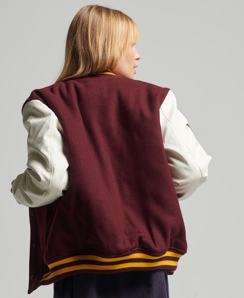 Women's Varsity Bomber Leather Jacket In Maroon & White Sleeves