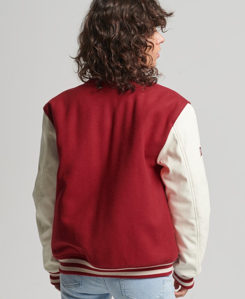 Women's Varsity Bomber Leather Jacket In Red & White Sleeves