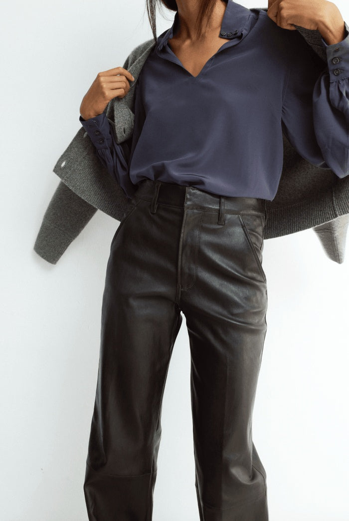 Women's Wide Leg Black Biker Leather Pant