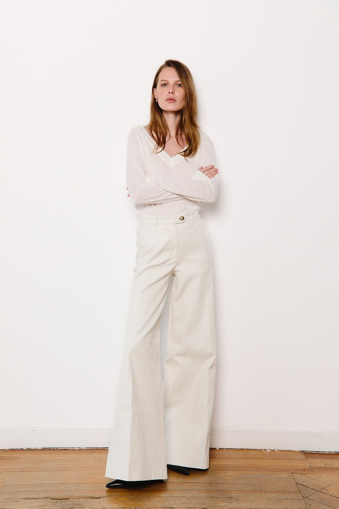 Women's Wide Leg White Leather Pant