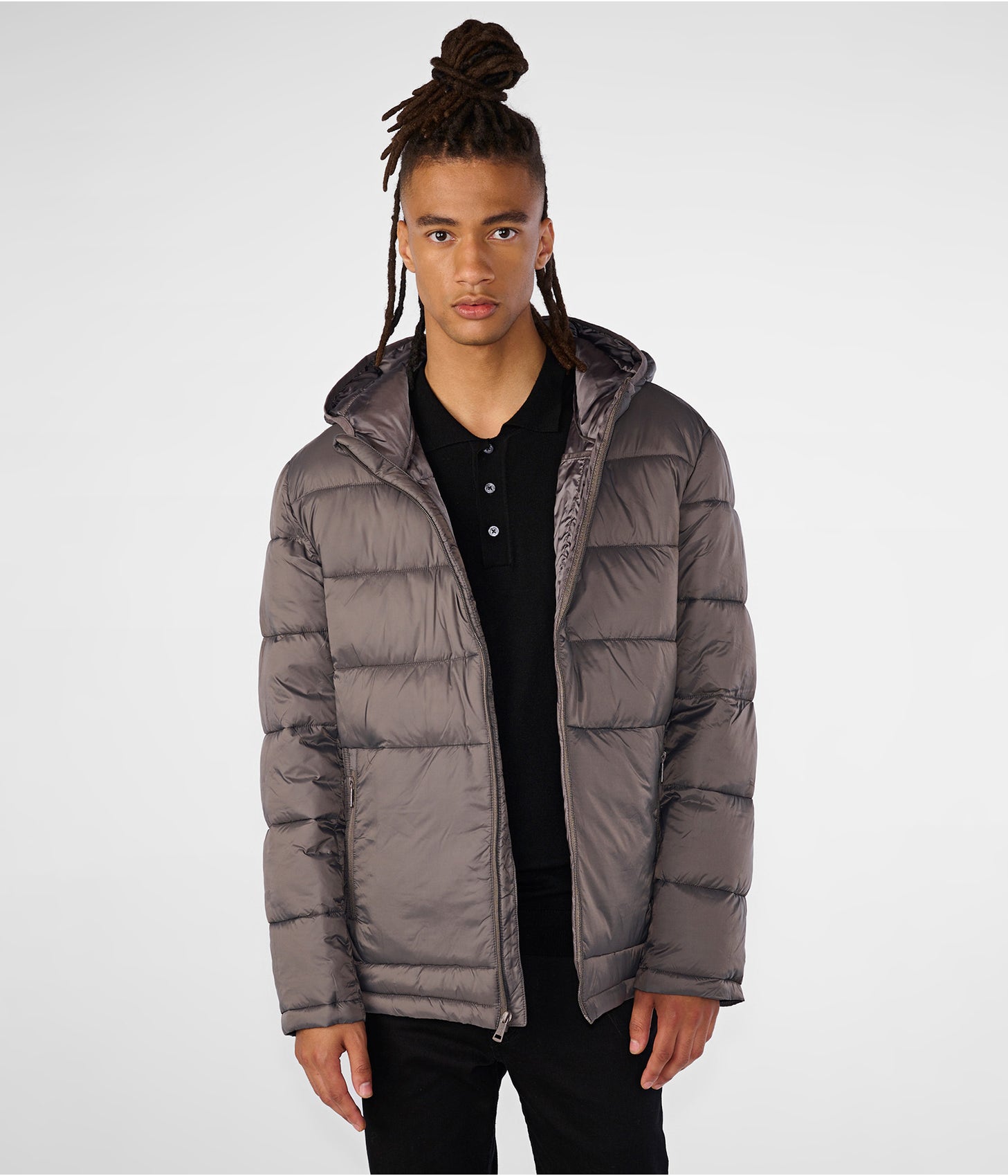 Men's Puffer Jacket In Gray With Removable Hood
