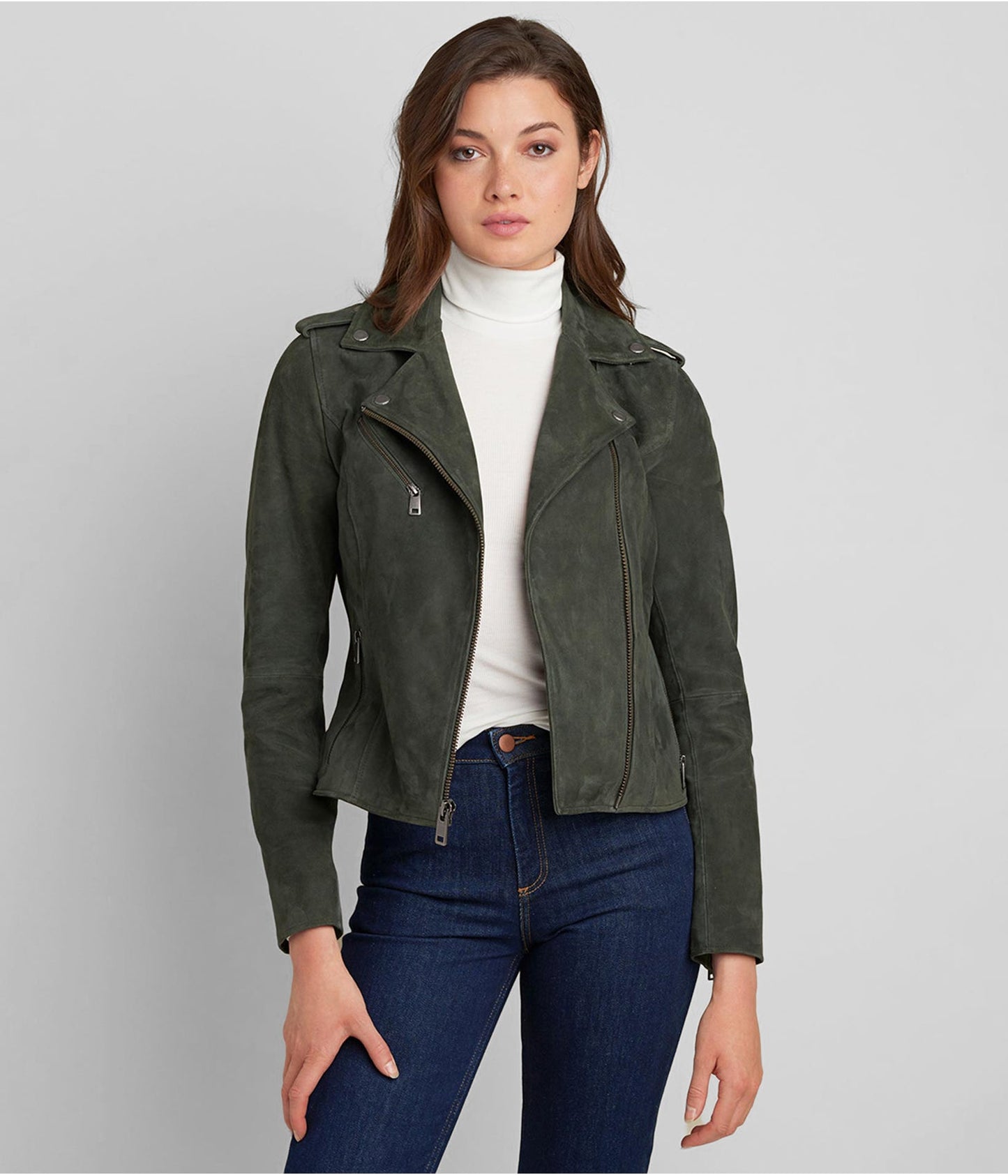 Women's Suede Leather Moto Jacket In Olive