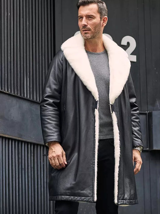 Men's Double Sided Shearling Leather Coat In Matte Black