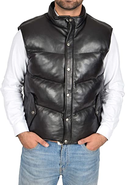 Men's Leather Puffer Vest In Black