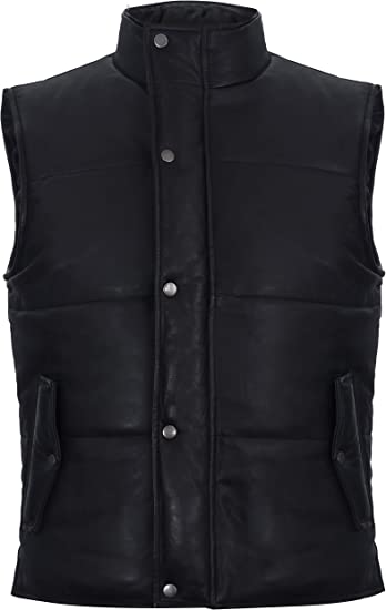 Men's Puffer Leather Vest In Black