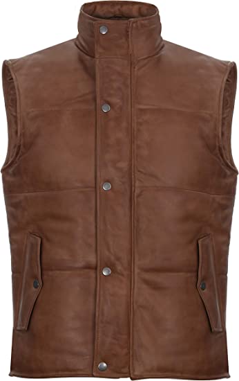 Men's Puffer Leather Vest In Brown