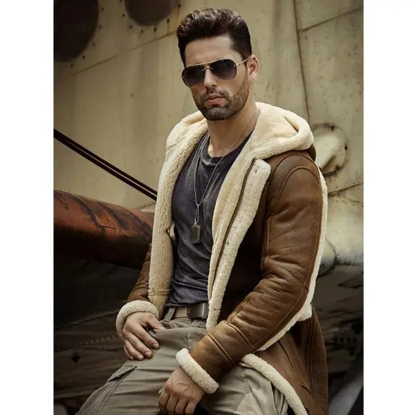 Men's Shearling Leather Coat In Brown With Hood