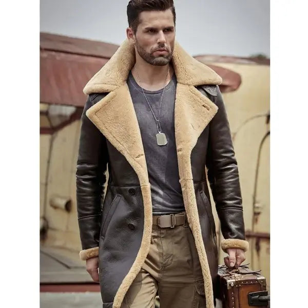 Men's Shearling Leather Coat In Dark Brown