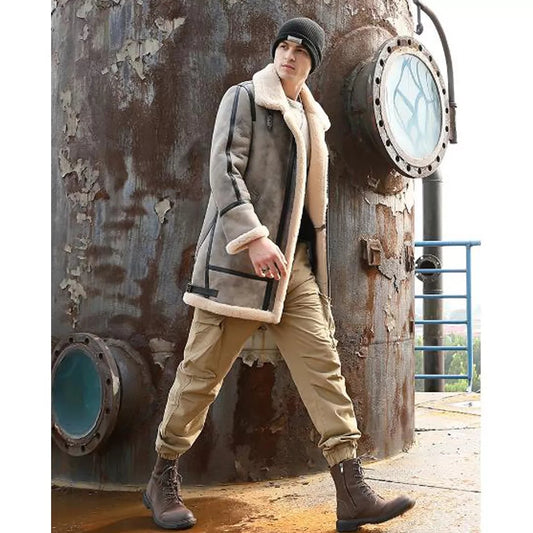 Men's Shearling Leather Coat In Gray With Removable Hood