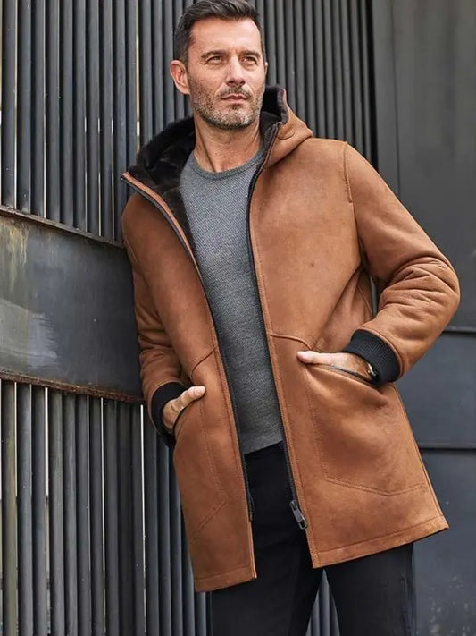 Men's Leather Shearling Coat In Brown With Hood