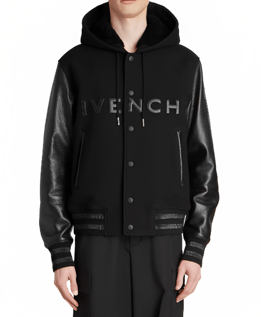 Men's Varsity Bomber Leather Jacket In Black With Hood