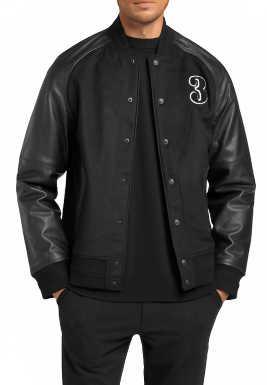 Men's Varsity Bomber Leather Jacket In Black