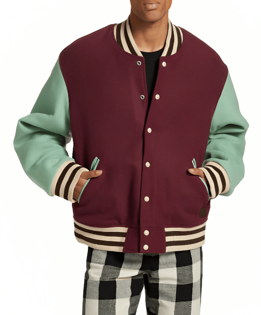 Men's Varsity Bomber Leather Jacket In Wine Red & Sky Blue Sleeves