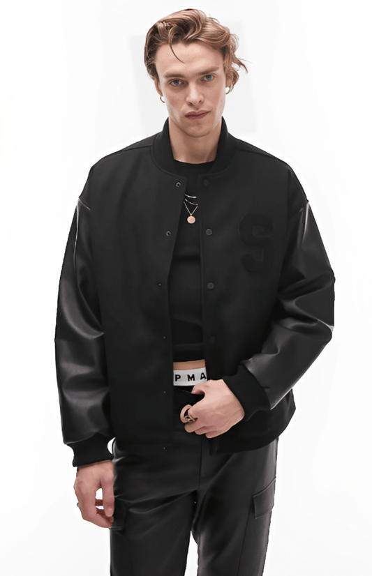 Men's Varsity Leather Bomber Jacket In Black