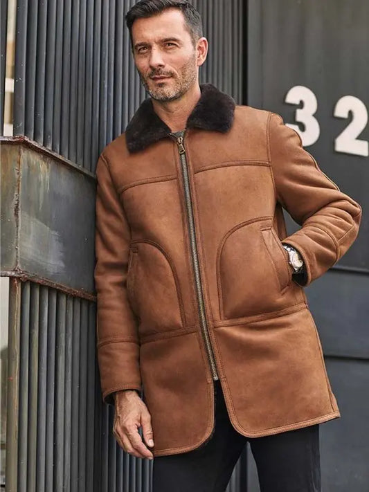 Men's Leather Shearling Coat In Brown