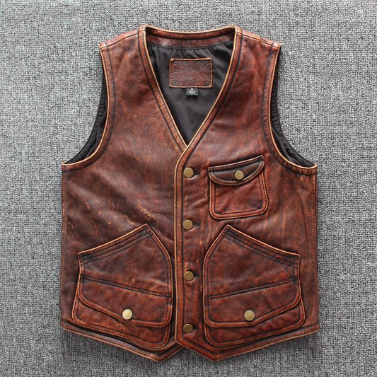 Men's Distressed Leather Vest In Tan Brown