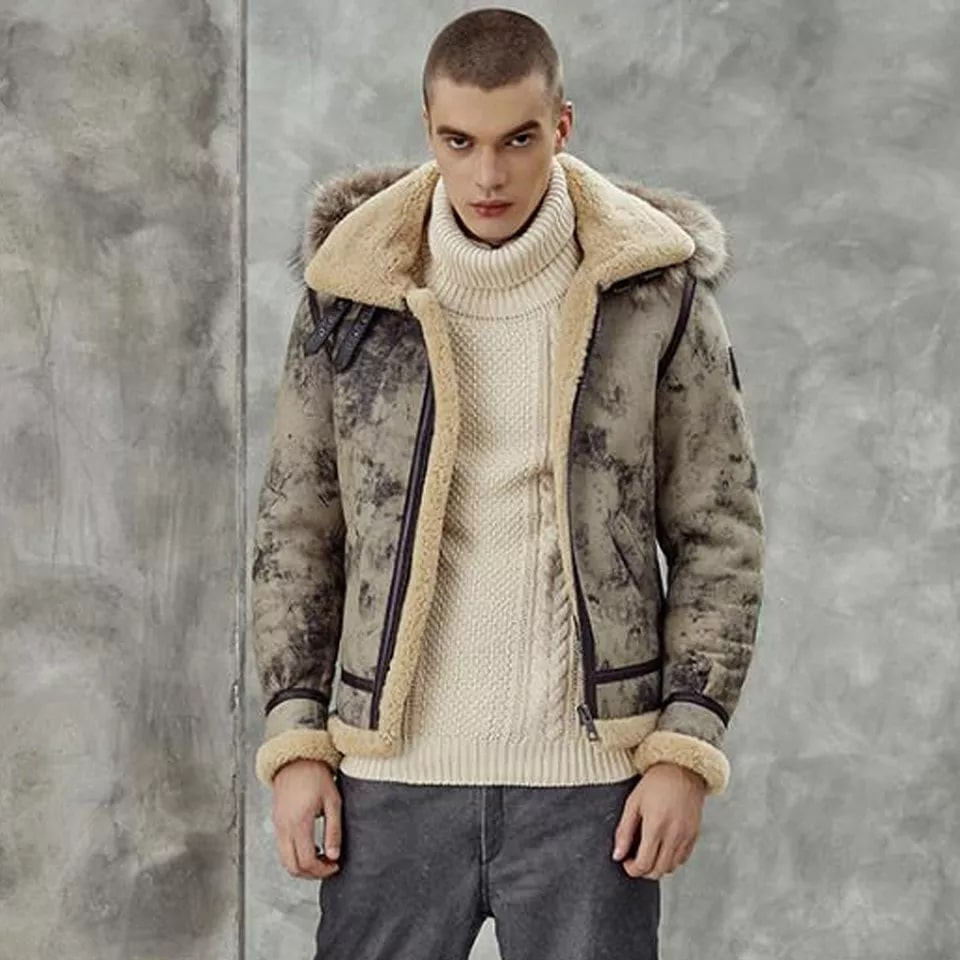 Men's Distressed Shearling Leather Jacket With Fur Hooded