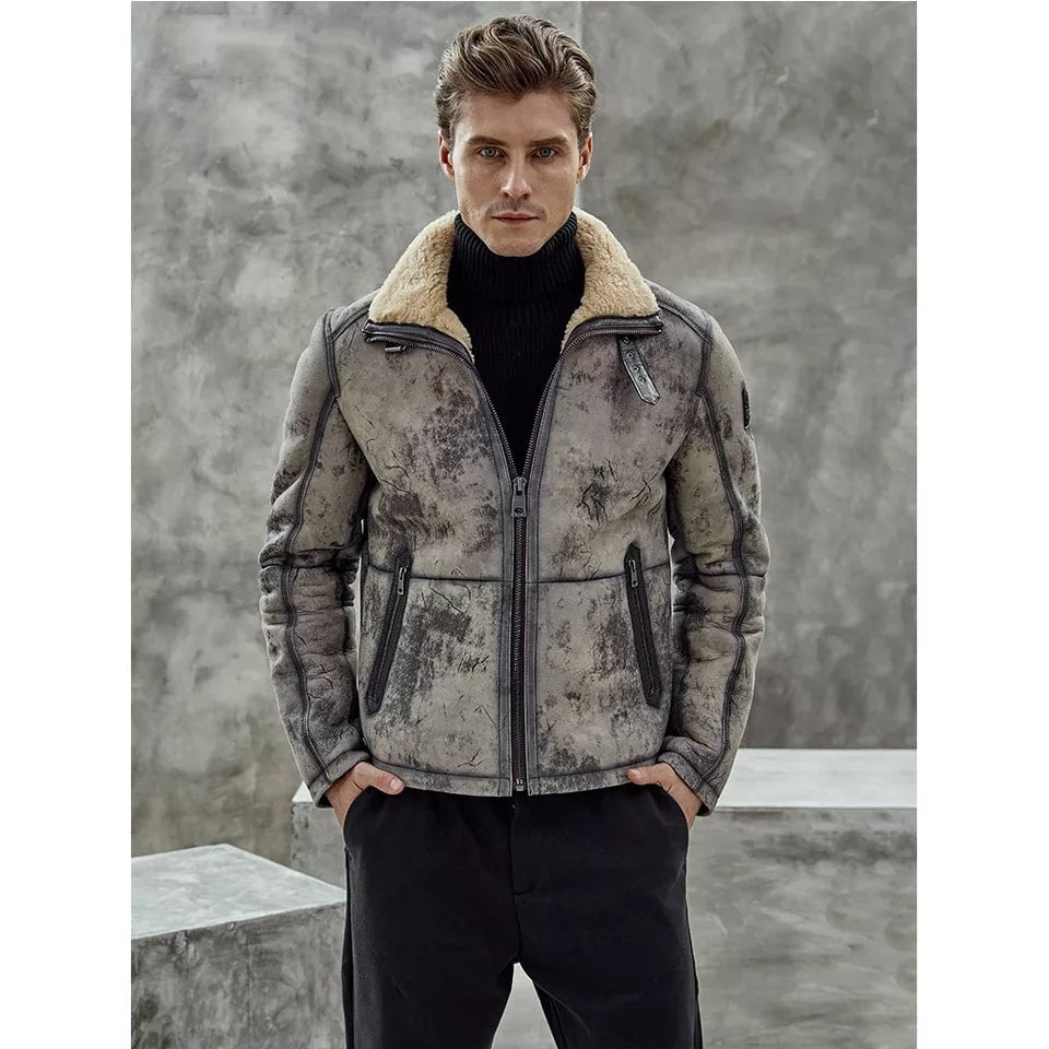 Men's Distressed Shearling Leather Jacket