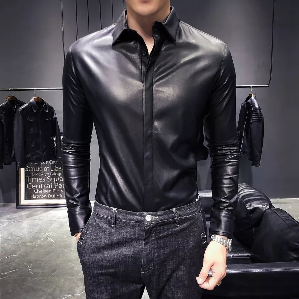 Men's Full Sleeve Trendy Black Leather Shirt