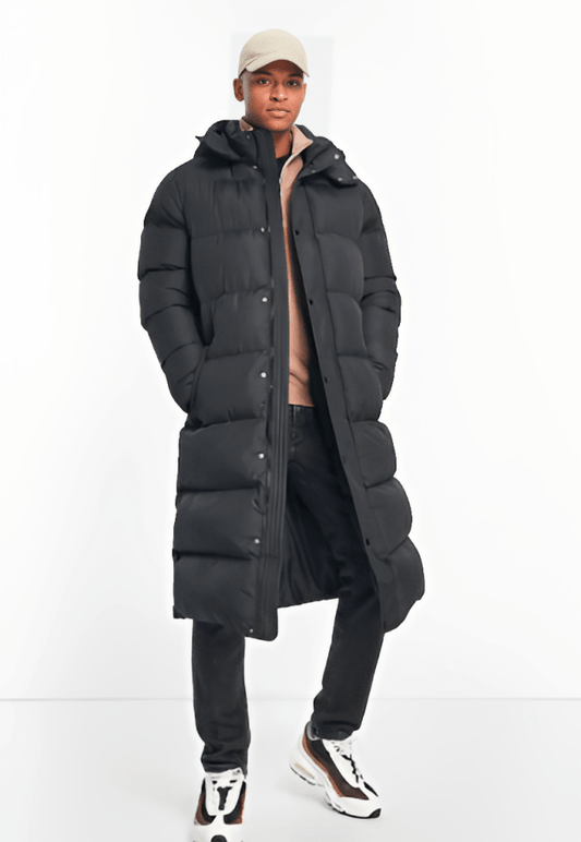 Men's Hooded Trench Puffer Coat In Black