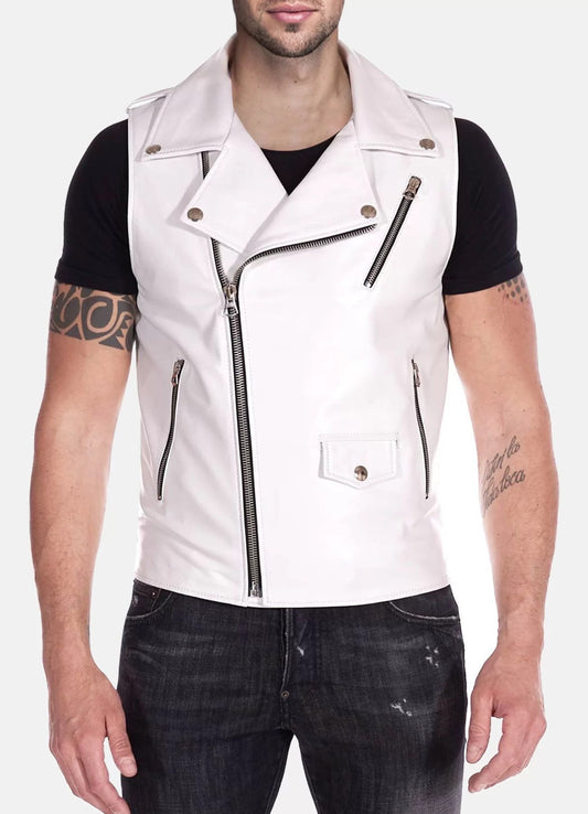 Men's Leather Biker Vest In White